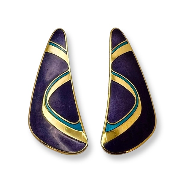 Vintage Samuel Huang Cloisonné Enamel Purple & Gold Earrings - Picture 1 of 7